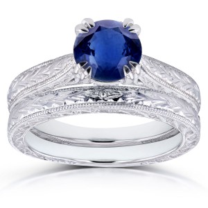 White Gold Sapphire and Diamond Accent Antique Engraved Bridal Rings Set - Handcrafted By Name My Rings™