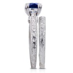 White Gold Sapphire and Diamond Accent Antique Engraved Bridal Rings Set - Handcrafted By Name My Rings™
