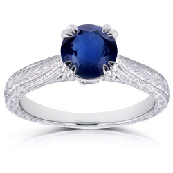 White Gold Sapphire and Diamond Antique Engraved Engagement Ring - Handcrafted By Name My Rings™