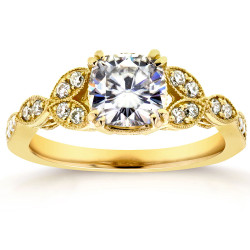 Gold 1 1/10ct Cushion Forever Moissanite and 1/5ct TDW Diamond Floral - Handcrafted By Name My Rings™