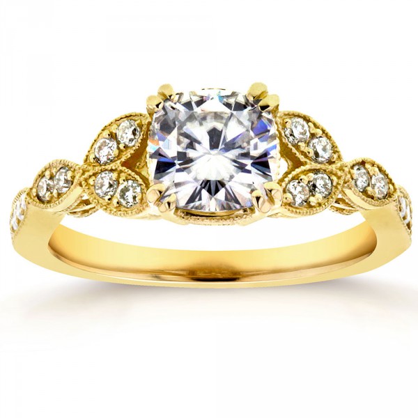Gold 1 1/10ct Cushion Forever Moissanite and 1/5ct TDW Diamond Floral - Handcrafted By Name My Rings™