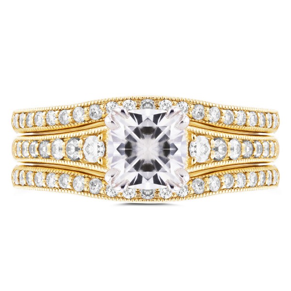 Gold 1 1/10ct Cushion Moissanite and 1/2ct TDW Diamond 3-piece Bridal - Handcrafted By Name My Rings™