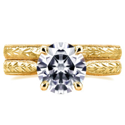 Gold 1 1/2ct TGW Moissanite and Diamond Antique Cathedral Bridal Rings - Handcrafted By Name My Rings™