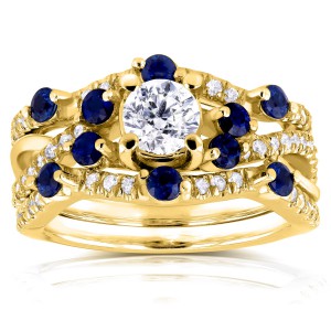 Gold 1 1/3ct TCW Diamond and Blue Sapphire Double Bands Bridal Set - Handcrafted By Name My Rings™