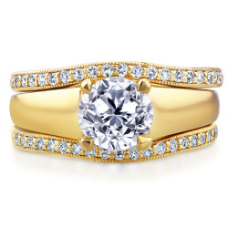 Gold 1 1/3ct TDW Bridal Set Round Diamond Solitaire with Double Diamon - Handcrafted By Name My Rings™