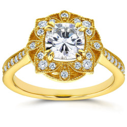 Gold 1 1/3ct TGW Cushion Moissanite and Diamond Floral Antique Ring - Handcrafted By Name My Rings™