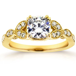 Gold 1 1/3ct TGW Cushion-cut Moissanite and Diamond Vintage Floral Engagement Ring - Handcrafted By Name My Rings™