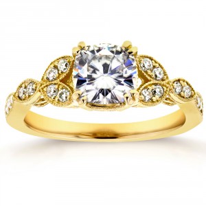 Gold 1 1/3ct TGW Cushion-cut Moissanite and Diamond Vintage Floral Engagement Ring - Handcrafted By Name My Rings™