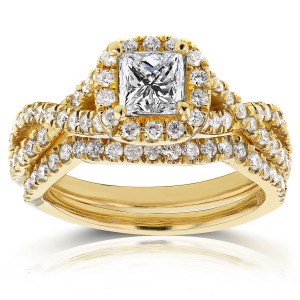 Gold 1 1/5ct TDW Princess Diamond Halo Crossover Double Band Bridal Ri - Handcrafted By Name My Rings™