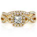 Gold 1 1/5ct TDW Princess Diamond Halo Crossover Double Band Bridal Ri - Handcrafted By Name My Rings™