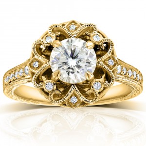 Gold 1 1/5ct TGW Forever One DEF Moissanite and Diamond Antique Floral Extravagant Engagement Ring - Handcrafted By Name My Rings™