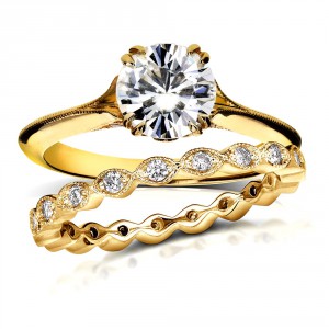 Gold 1 2/5ct TGW Moissanite and Diamond Vintage Flower 2-Piece Bridal Rings Set - Handcrafted By Name My Rings™