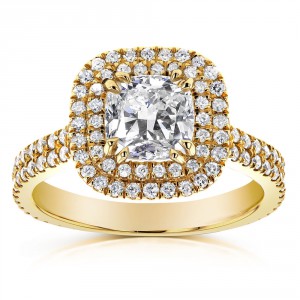 Gold 1 3/4ct TDW Diamond Double Halo Cushion Cut Engagement Ring - Handcrafted By Name My Rings™