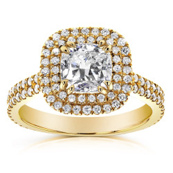 Gold 1 3/4ct TDW Diamond Double Halo Cushion Cut Engagement Ring - Handcrafted By Name My Rings™