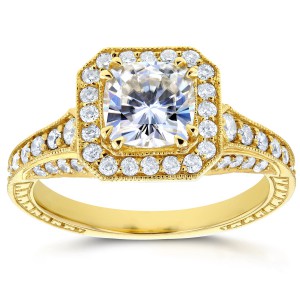 Gold 1 3/4ct TGW Cushion Moissanite and Profile-set Diamonds Statement Engagement Ring - Handcrafted By Name My Rings™