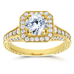 Gold 1 3/5ct TDW Round Diamond Milgrain Halo Vintage Style Engagement - Handcrafted By Name My Rings™