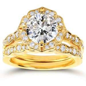 Gold 1 7/8ct TGW Moissanite and Diamond Floral Antique Bridal Rings Set - Handcrafted By Name My Rings™