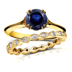 Gold 1ct Blue Sapphire and 2/5ct TDW Diamond Floral Antique Eternity B - Handcrafted By Name My Rings™
