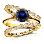 Gold 1ct Blue Sapphire and 3/4ct TDW Diamond Floral Double Eternity Wedding Bands Set - Handcrafted By Name My Rings™