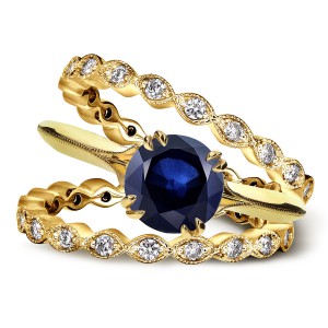 Gold 1ct Blue Sapphire and 3/4ct TDW Diamond Floral Double Eternity Wedding Bands Set - Handcrafted By Name My Rings™