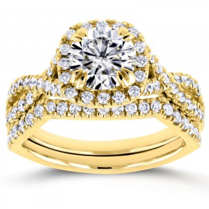 Gold 1ct Forever Brilliant Moissanite and 3/4ct TDW Diamond Criss Cross Bridal Set - Handcrafted By Name My Rings™