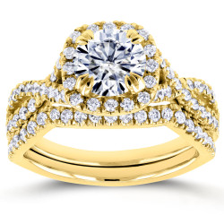 Gold 1ct Forever One DEF Moissanite and 3/4ct TDW Diamond Criss Cross Bridal Set - Handcrafted By Name My Rings™