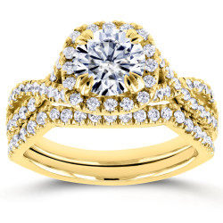 Gold 1ct Forever One DEF Moissanite and 3/4ct TDW Diamond Criss Cross Bridal Set - Handcrafted By Name My Rings™