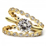 Gold 1ct Round Moissanite and 3/4ct TDW Diamond Floral Antique Double - Handcrafted By Name My Rings™