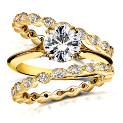 Gold 1ct Round Moissanite and 3/4ct TDW Diamond Floral Antique Double - Handcrafted By Name My Rings™