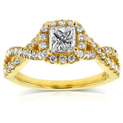 Gold 1ct TDW Princess Diamond Halo Crossover Engagement Ring - Handcrafted By Name My Rings™