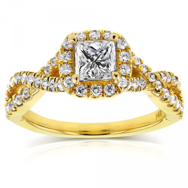 Gold 1ct TDW Princess Diamond Halo Crossover Engagement Ring - Handcrafted By Name My Rings™