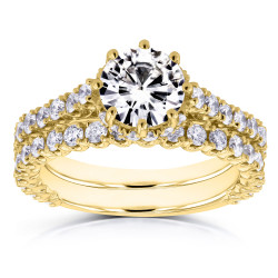 Gold 2 1/10ct TCW Forever Brilliant Moissanite and Diamond 8-Prong Standing Halo Bridal Set - Handcrafted By Name My Rings™