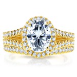 Gold 2 1/5ct TGW Moissanite and Diamond Oval Halo Split Shank Bridal Rings Set - Handcrafted By Name My Rings™