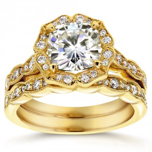 Gold 2 1/6ct TGW Cushion-cut Moissanite and Diamond Floral Antique Bridal Rings Set - Handcrafted By Name My Rings™