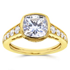 Gold 2 2/5ct TGW Cushion Bezel Moissanite and Diamond Engagement Ring - Handcrafted By Name My Rings™