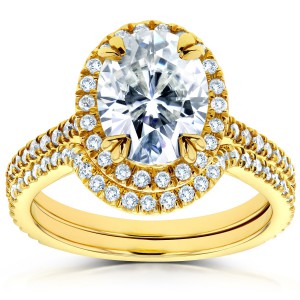 Gold 2 3/5ct TGW Moissanite and Diamond Oval Halo Fitted Bridal Rings Set - Handcrafted By Name My Rings™