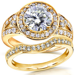 Gold 2ct TCW Round Moissanite and Diamond Halo Bridal Ring 2-Piece Set - Handcrafted By Name My Rings™