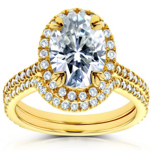 Gold 2ct TGW Forever Brilliant Moissanite and Diamond Oval Halo Bridal Rings - Handcrafted By Name My Rings™