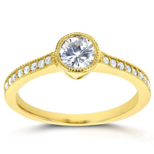 Gold 3/4ct TDW Bezel Diamond Milgrain Engagement Ring - Handcrafted By Name My Rings™