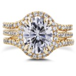 Gold 3ct Oval Moissanite and 4/5ct TDW Diamond Halo 3-Piece Bridal Set - Handcrafted By Name My Rings™