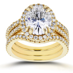 Gold 3ct Oval Moissanite and 4/5ct TDW Diamond Halo 3-Piece Bridal Set - Handcrafted By Name My Rings™