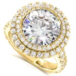 Gold 5 7/8ct TGW Large Moissanite and Diamond Round Double Halo Statement Ring - Handcrafted By Name My Rings™