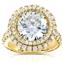 Gold 5 7/8ct TGW Large Moissanite and Diamond Round Double Halo Statement Ring - Handcrafted By Name My Rings™