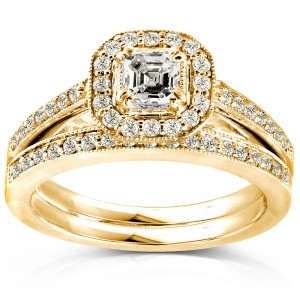 Gold 5/8ct TDW Asscher Diamond Halo Bridal Set - Handcrafted By Name My Rings™