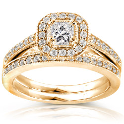 Gold 5/8ct TDW Princess Diamond Halo Bridal Set - Handcrafted By Name My Rings™