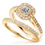 Gold 5/8ct TDW Princess Diamond Halo Bridal Set - Handcrafted By Name My Rings™