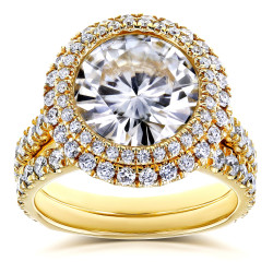 Gold 6 1/3ct TGW Forever One G-H-I Moissanite & Diamond Unique Double Halo Statement Bridal Set - Handcrafted By Name My Rings™