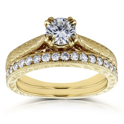 Gold 7/8ct TDW Round Diamond Vintage Bridal Set - Handcrafted By Name My Rings™