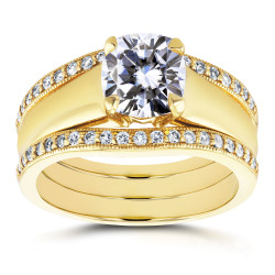 Gold Cushion Cut Moissanite Solitaire and 1/3ct TDW Diamond Double Ban - Handcrafted By Name My Rings™