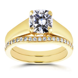 Gold Cushion Cut Moissanite Solitaire and 1/6ct TDW Diamond Band Brida - Handcrafted By Name My Rings™